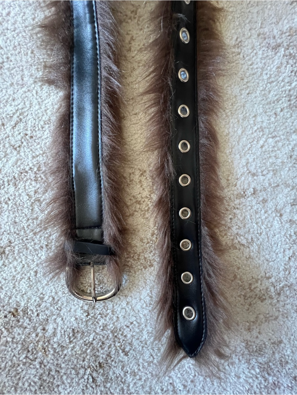 Y2K Brown Faux Fur Trim Grommet Belt